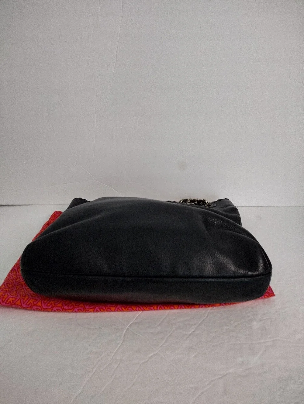 Tory Burch Marion Black Leather Slouchy Tote Hobo Chain Whipstitch W Dust Bag
